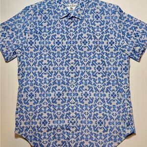 Robert Graham Blue and White Ornate Short-Sleeve Button-Down Shirt